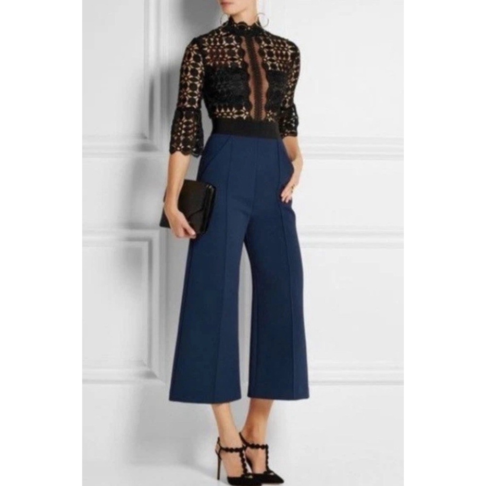 Self Portrait $505 Navy Black Lace Sheer Panel Crepe Culotte Jumpsuit UK 4 US 0‎